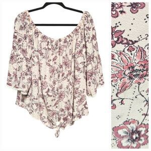 Cure Pink Floral Boho Tie-Front Crepe Blouse Women’s 2XL Peasant Top Bell Sleeve